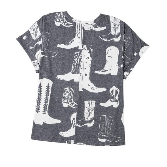 Gray Western Boots Print Crew Neck Short Sleeve Top Sizes: 1X  3X New - Picture 7 of 9